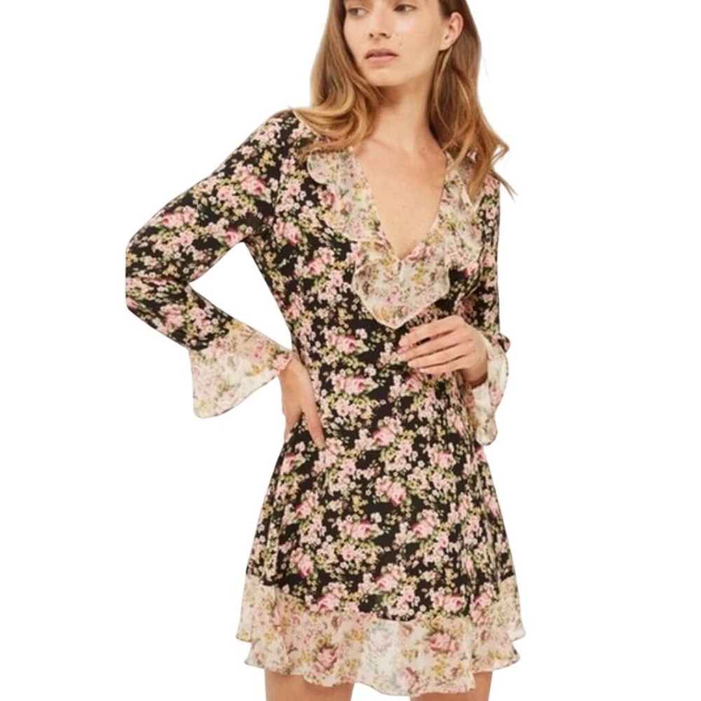 NWT Topshop True Romance Floral Ruffle Tea Dress Black Pink 8 Coquette Boho